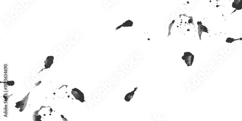 Vector illustration of a black ink splat background featuring an artistic silhouette pattern of flying birds and summer butterflies among nature inspired tree branches and floral plant designs