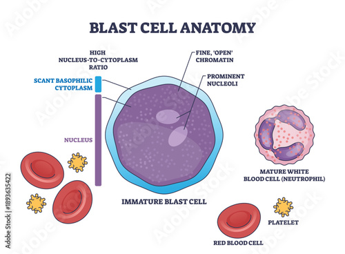 Blast cell anatomy overview featuring an immature blast cell with large nucleus and scant cytoplasm, context with red blood cell and neutrophil. Outline diagram