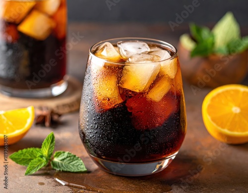Refreshing Iced Cocktail with Ice, Orange Slice, and Mint