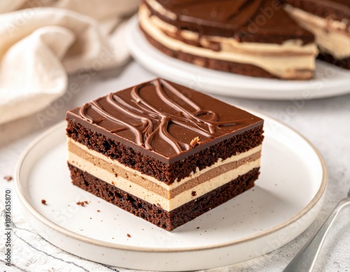 Decadent Chocolate Cake Slice on White Plate