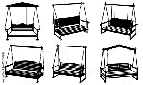 Collection of swing illustrations showcasing various designs and styles of outdoor furniture for relaxation and leisure in a serene environment