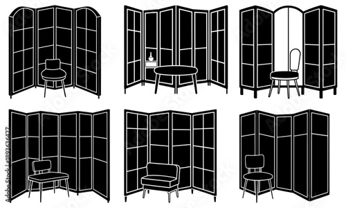 Folding screens with various furniture illustrations displayed within their frames from different viewpoints
