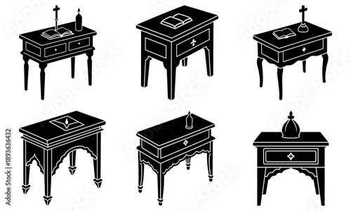 Various antique nightstands and dressers illustrated from different viewpoints showcasing furniture designs and decorative elements