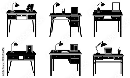 Assorted black office desks with various office supplies and lamps, illustrated in a minimalist style