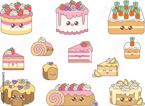 Kawaii Spring Cake Illustration Set with Cute Dessert Characters. Cute spring dessert illustration features a variety of cakes including bundt, roll cake, lemon and carrot flavors in a kawaii style.
