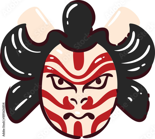 Kabuki theater mask with dramatic facial makeup, bold red patterns and traditional hairstyle. Japanese kabuki mask symbol of classical theater culture in hand drawn cartoon style, vector illustration.