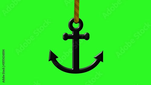 3.D black anchor with striped rope descending and ascending on a green screen. 