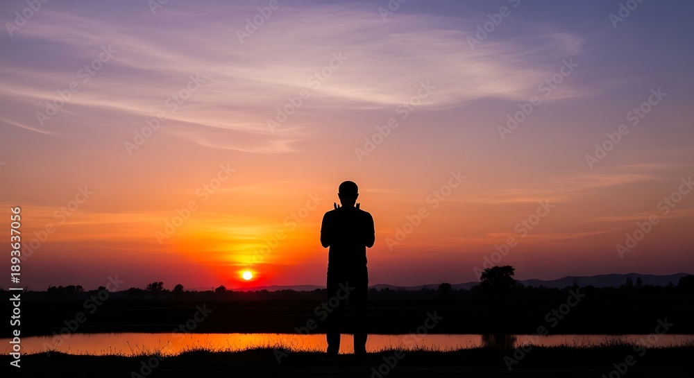 Fototapeta premium Silhouette of a man contemplating life at sunset.