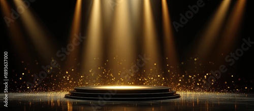 A circular stage with golden spotlights and falling glitter