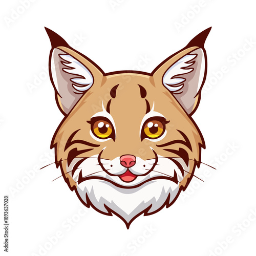 Adorable cartoon lynx head illustration featuring characteristic ear tufts and a friendly, stylized expression, perfect for animal-themed projects and mascot designs