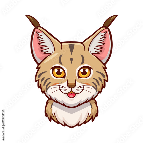 Cute and friendly cartoon lynx head illustration featuring distinctive ear tufts, striped fur pattern, and expressive orange eyes with a charming smile, perfect for animal-themed designs