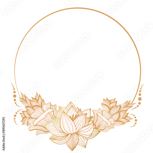 Round frame with golden flowers, lotus on a transparent background. Hand-drawn. Linear floral logos, frames and borders, backgrounds for social media, greetings, and wedding frames.