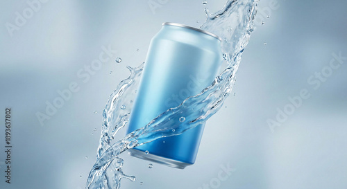 Blank blue hydration drink can with water splash