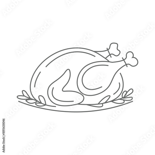 Turkey or chicken one line art, fried poultry meat continuous contour drawing,hand-drawn Thanksgiving Day traditional food,hot dish outline festive design decoration.