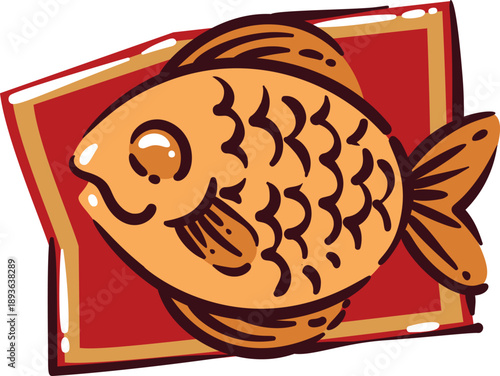 Japanese taiyaki fish pastry with sweet red bean filling, traditional street dessert shaped like fish on plate. Popular taiyaki snack from Japan, hand drawn cartoon style, vector illustration.