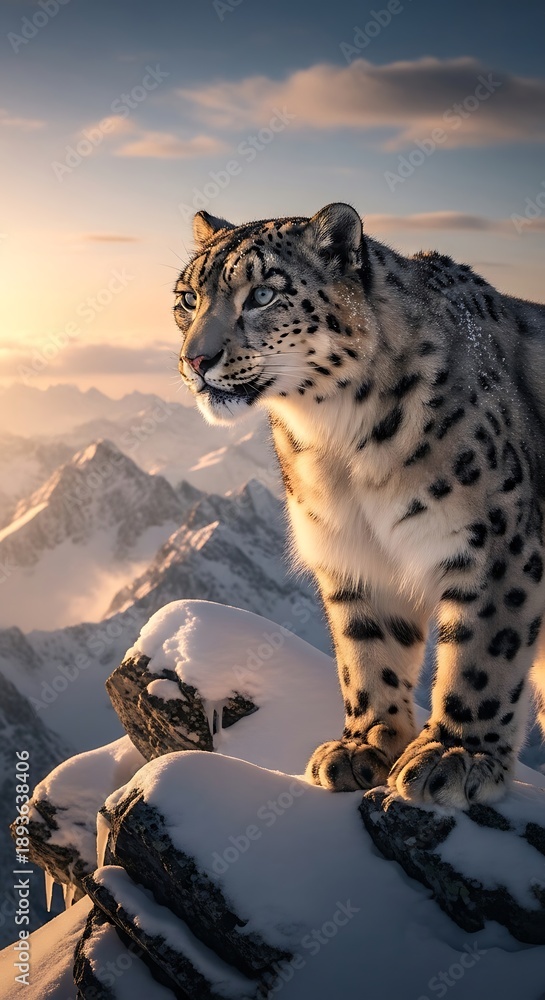 Fototapeta premium Snow Leopards Majestic Gaze Amidst Snowy Peaks at Sunset.