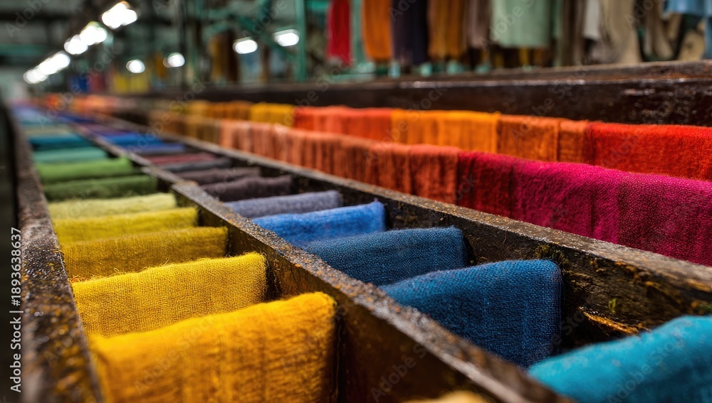 Obraz premium Rows of vibrantly colored fabric samples, neatly arranged in wooden trays