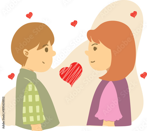A charming illustration of a young couple deeply in love, exchanging affectionate glances with hearts floating around them, symbolizing romance and connection