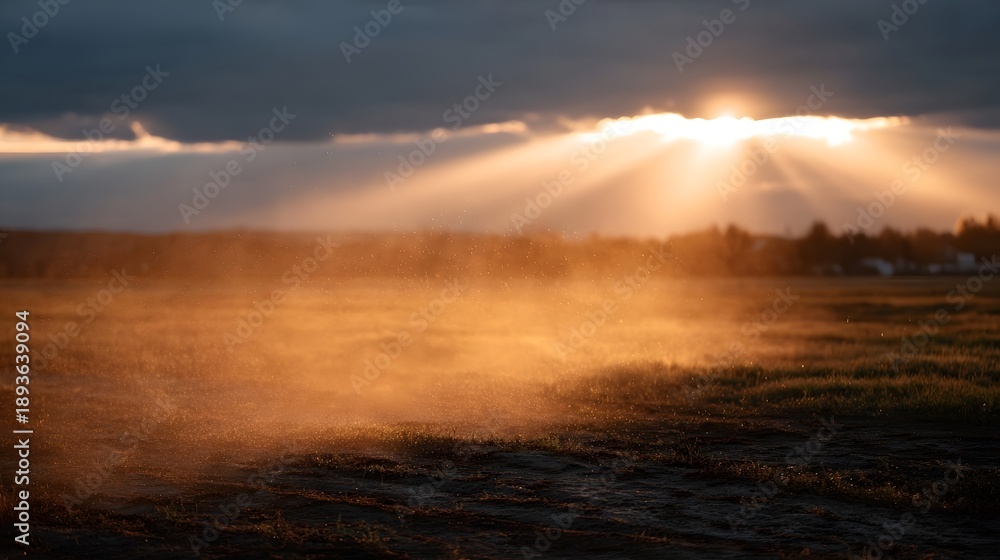 Fototapeta premium Golden sunbeams pierce stormy clouds illuminating dust motes rising from a rural field at sunset