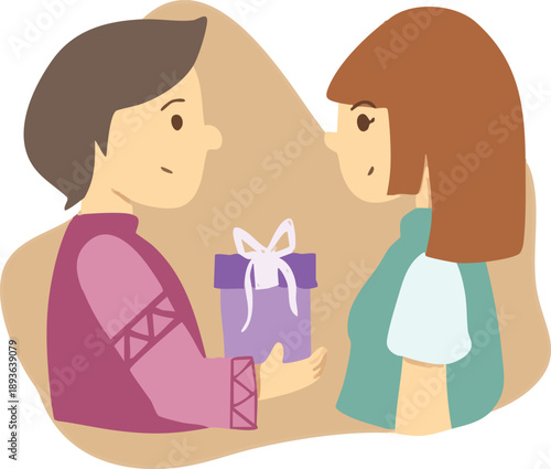 A heartwarming illustration of a thoughtful man presenting a beautifully wrapped gift to a smiling woman, symbolizing celebration, appreciation, and a special moment between people