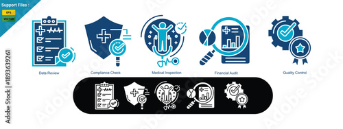 Medical Audit & Quality Control Icons, Healthcare Review, Compliance, and Data Analysis, two color icons set