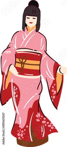 Japanese woman wearing traditional kimono with obi belt, long sleeves and classic hairstyle. Cultural female character from Japan, kimono outfit illustration, cartoon vector illustration.