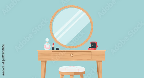 Wooden Vanity Dressing Table with Large Round Mirror and Cosmetics Vector Illustration for Bedroom Interior Design and Beauty Routine Concept