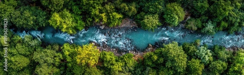 Aerial view of a vibrant turquoise river winding through a lush green forest