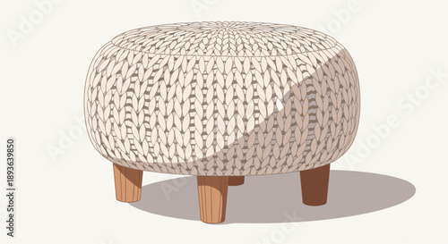 Round Knitted Ottoman Pouf with Small Wooden Legs Vector Illustration for Cozy Living Room Decor and Comfortable Footrest Furniture Concept