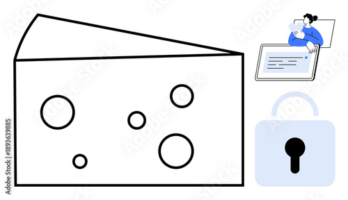 Data security concept. Cheese vulnerability or loopholes in cybersecurity. A padlock s protection, aligned with the collaboration of technology. For tech, online protection, secure apps, education