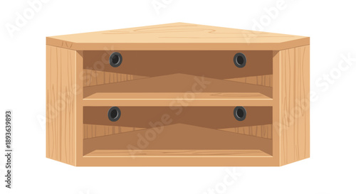 Natural Pine Corner Media Cabinet with Two Tiers and Wire Access Ports Vector Illustration for Home Entertainment and Space-Saving Storage