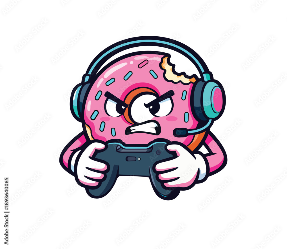 Obraz premium Angry Donut Gamer Mascot Logo - Vector Esports Character Holding Controller and Headset for Twitch Streamer, Clan, or Video Game Team Identity, Cartoon Food Character Branding