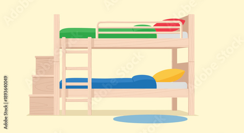 Wooden Bunk Bed with Storage Stairs and Colorful Bedding Vector Illustration for Modern Kids' Bedroom and Functional Space Optimization