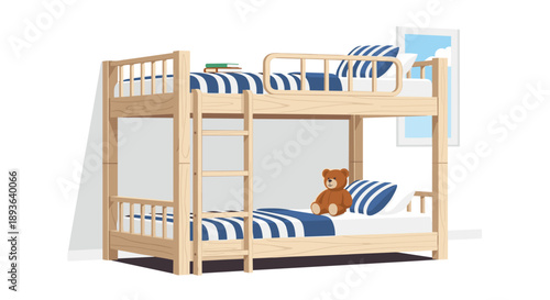 Cozy Children's Wooden Bunk Bed with Striped Bedding and Teddy Bear Vector Illustration for Kids' Room Design and Playful Atmosphere