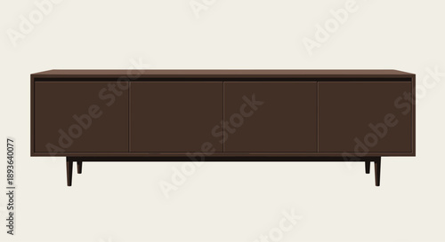 Minimalist Dark Brown Sideboard with Slim Legs and Four Doors Vector Illustration for Contemporary Living Room Media and Storage Solutions