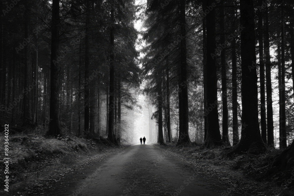 Fototapeta premium Silhouetted figures walk a dark, misty forest road toward distant light