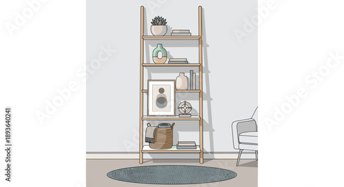 Light Wood Ladder Shelf with Potted Plant Picture Frame and Decor Accessories Vector Illustration for Modern Living Room and Minimalist Storage