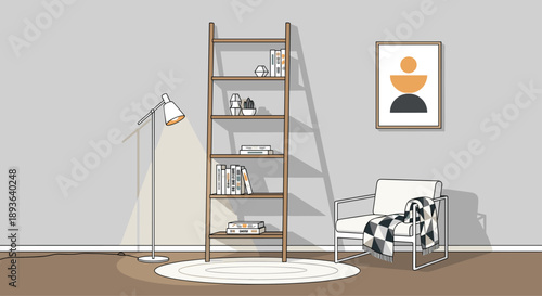 Modern Interior Scene with Ladder Bookshelf Floor Lamp Armchair and Abstract Art Vector Illustration for Contemporary Living Room Design