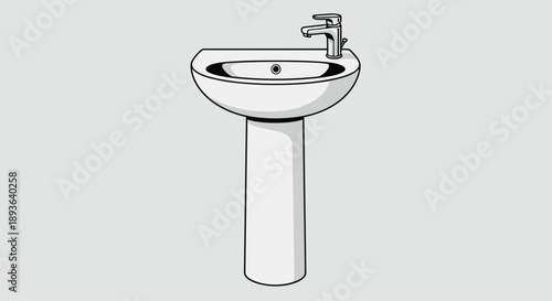White Porcelain Pedestal Bathroom Sink with Chrome Faucet Vector Illustration Isolated on Gray for Modern Bathroom Interior and Plumbing Concept