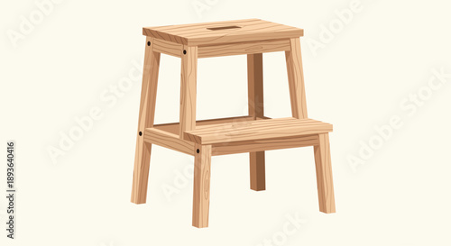 Two-Step Wooden Folding Ladder Stool Vector Illustration for Home Utility Kitchen Accessibility and Reaching High Shelves Concept