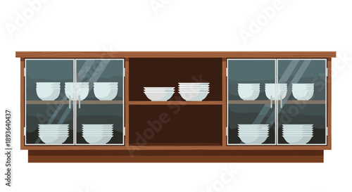 Long Wooden Sideboard with Glass Doors and Dishware Storage Vector Illustration for Dining Room Organization and Kitchen Buffet Design