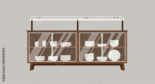 Modern Wooden Buffet Cabinet with Sliding Glass Doors and Displayed Dishware Vector Illustration for Contemporary Dining Room and Kitchen Storage