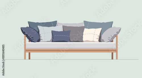 Wooden Daybed Sofa with Abundant Colorful Pillows Vector Illustration for Cozy Living Room and Comfortable Lounge Seating Interior Design