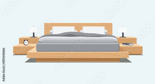 Contemporary Platform Bed with Wooden Headboard Grey Bedding and Matching Side Tables with Lamps in a Minimalist Bedroom Setting