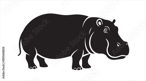 Detailed Hippopotamus Silhouette Vector: Minimalist Hippo Standing Profile Icon for African Wildlife Branding and Safari Zoo Logo Design