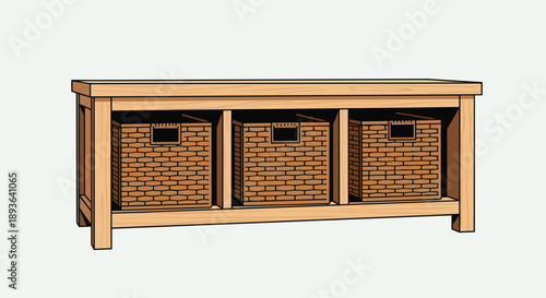 Wooden Hallway Storage Bench with Three Built-in Wicker Baskets for Organized Entryway and Mudroom Solutions