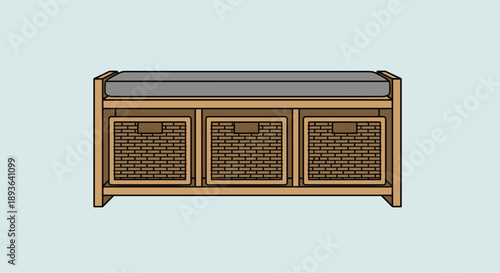 Cozy Wooden Entryway Bench with Grey Cushion Seating and Three Storage Baskets for Stylish and Functional Home Organization