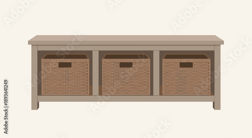 Minimalist Taupe Wooden Storage Bench featuring Three Woven Rattan Baskets for Contemporary Home Organization