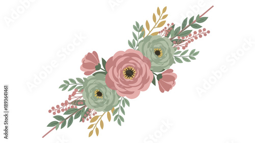 An artistic illustration of flowers and leaves arranged in a decorative pattern on a white background viewed from directly above