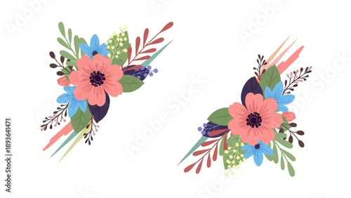 Floral arrangements composed of vibrant flowers and foliage displayed on a white background